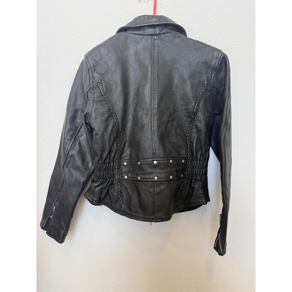 Black Genuine Leather Biker Jacket Braided Trim Studded Waist Womens Med Moto - Picture 2 of 11
